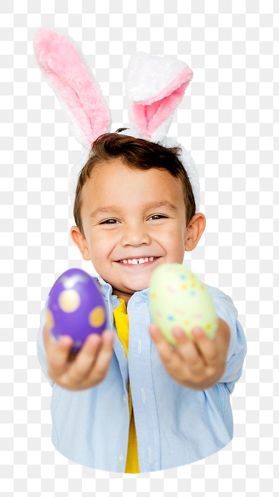 Boy png holding Easter eggs, transparent background