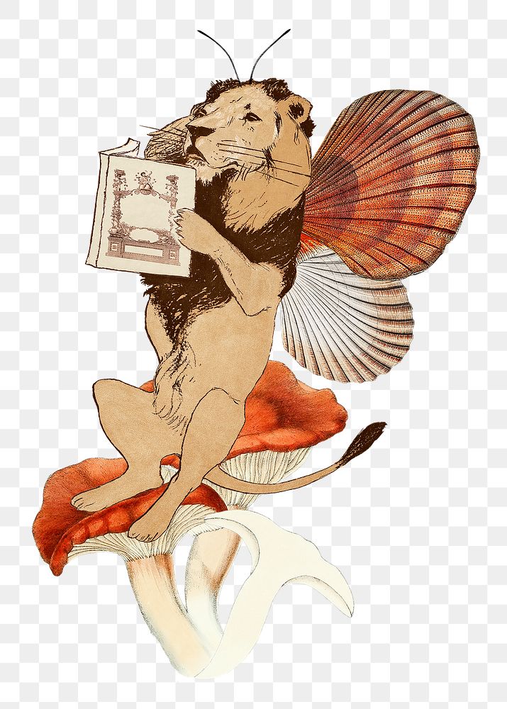 Lion png collage sticker, vintage animal illustration transparent background