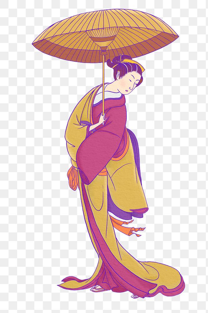 Vintage Japanese woman png, holding umbrella sticker, transparent background