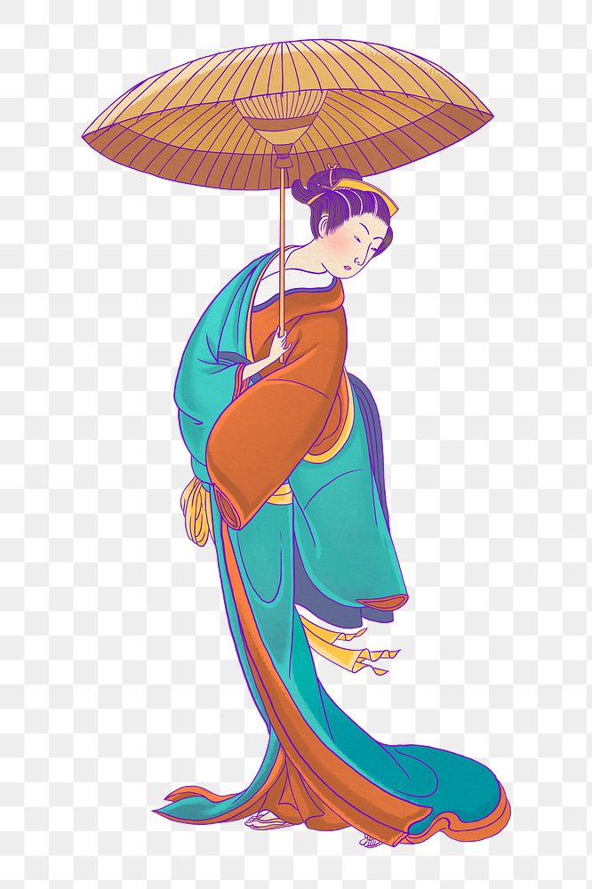 Vintage Japanese woman png, holding umbrella sticker, transparent background