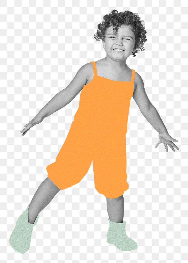 Little boy png sticker, orange overalls, transparent background