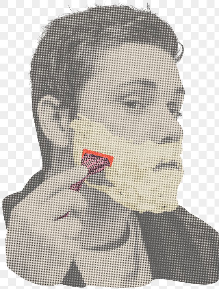 Man shaving beard png sticker, vintage filtered photo, transparent background