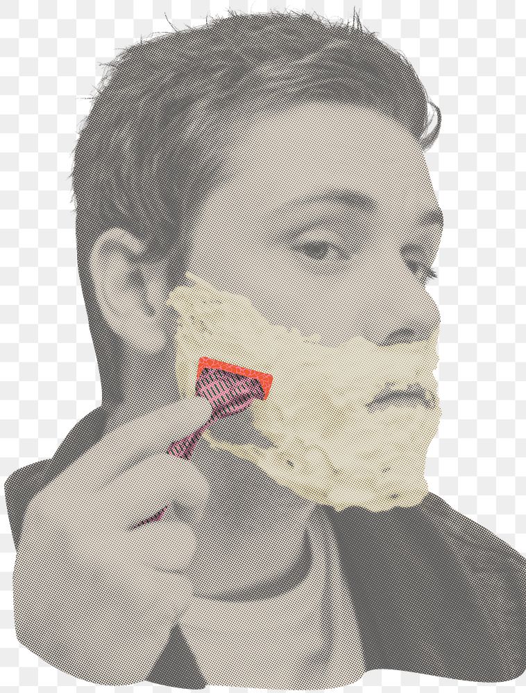Man shaving beard png sticker, vintage filtered photo, transparent background