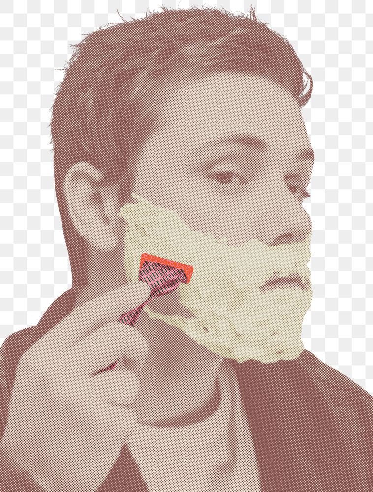 Man shaving beard png sticker, brown vintage filtered photo, transparent background