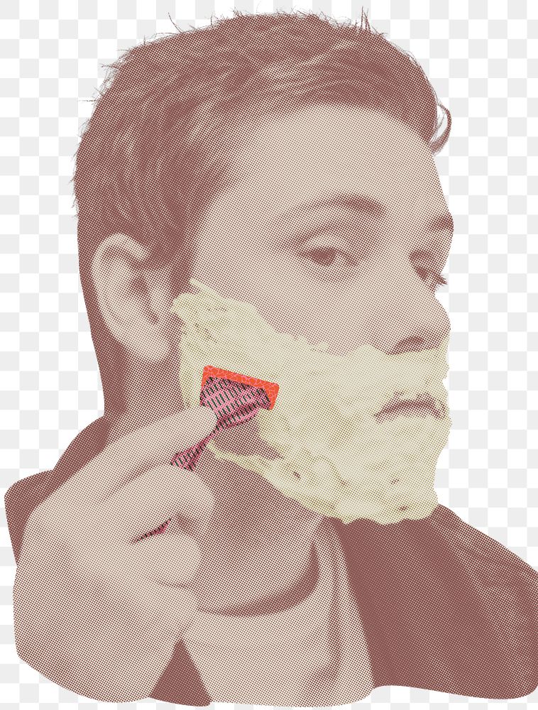 Man shaving beard png sticker, brown vintage filtered photo, transparent background