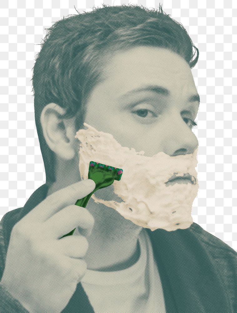 Man shaving beard png sticker, green vintage filtered photo, transparent background