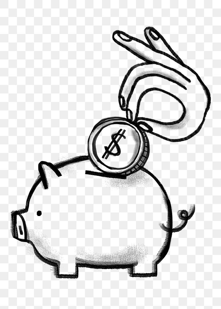 Png hand putting coin in piggy bank doodle, transparent background