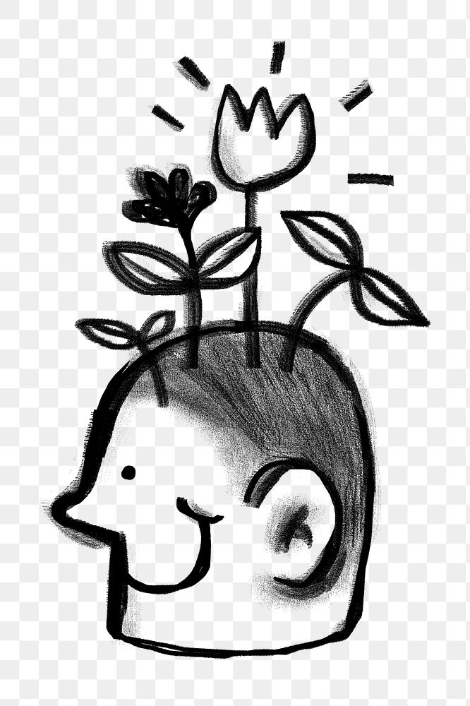 Head growing flowers png sticker, self-growth doodle, transparent background