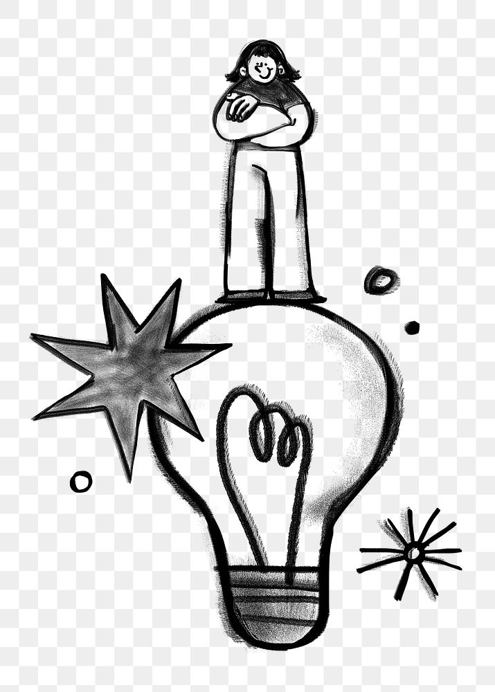 Woman standing png light bulb, creative ideas doodle, transparent background