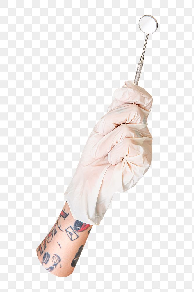 Dentist's mirror png sticker, tattooed hand, transparent background