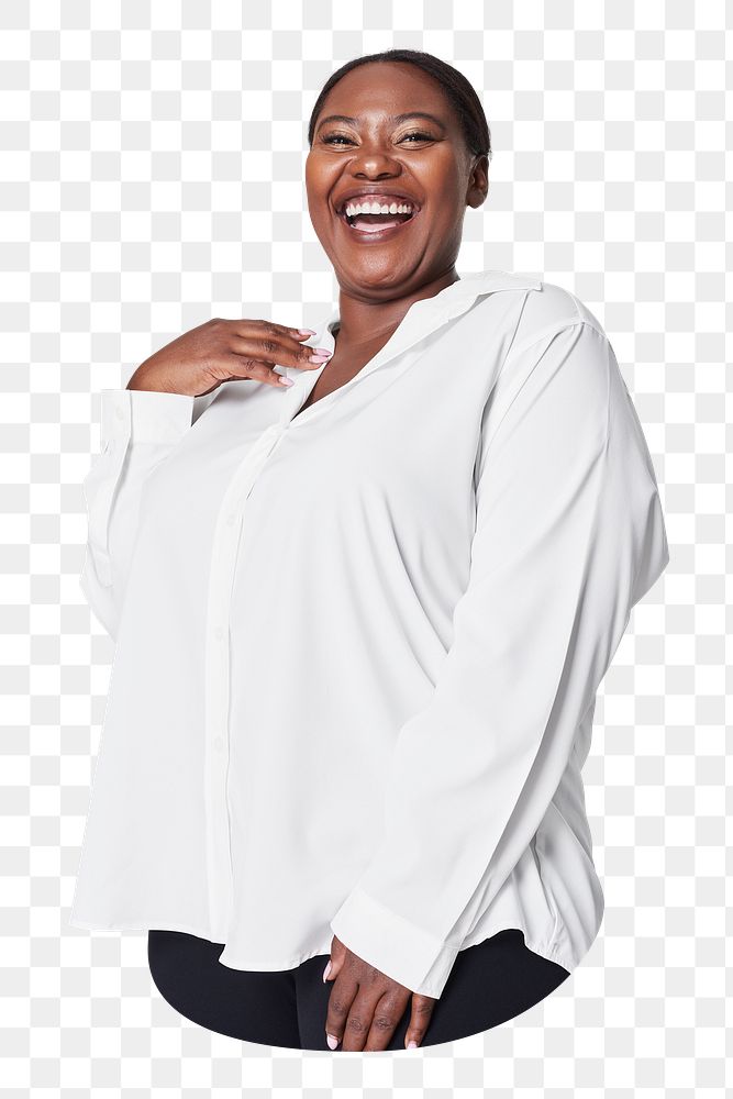 Png cheerful plus-size woman sticker, transparent background