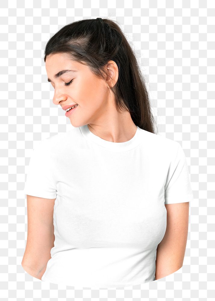 Png woman in white tee sticker, transparent background