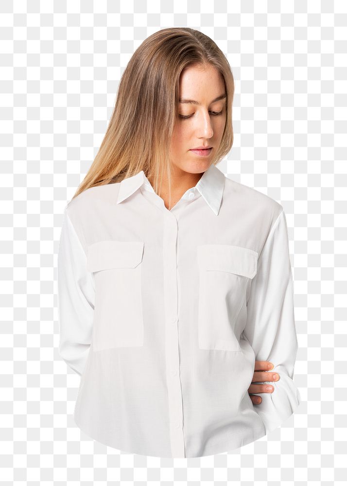 Png woman in white shirt sticker, transparent background