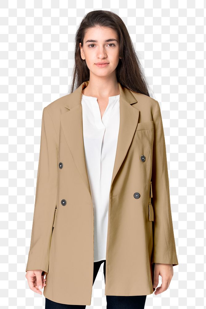 Woman png mockup in beige coat outerwear winter apparel rear view