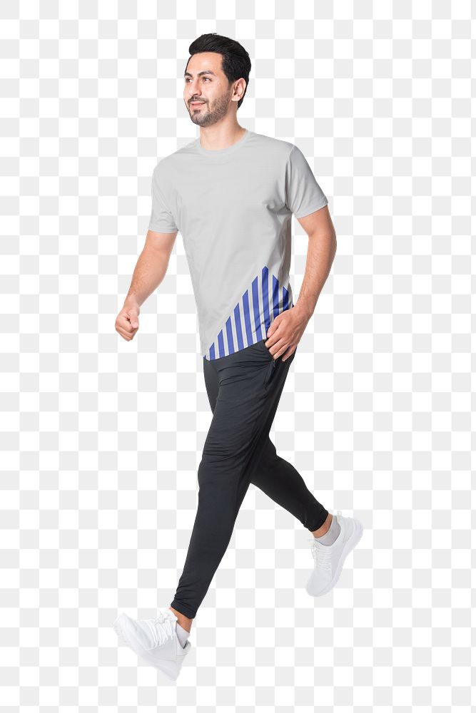 Sporty man png sticker, walking in t-shirt, sweatpants, transparent background