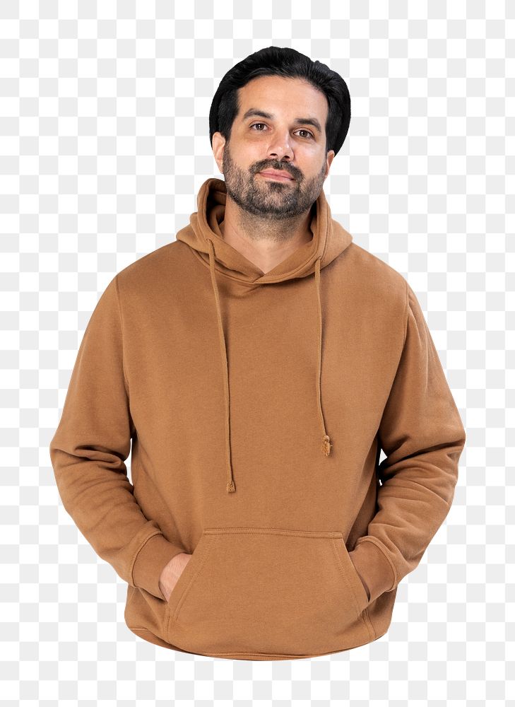 Png man in brown hoodie sticker, transparent background