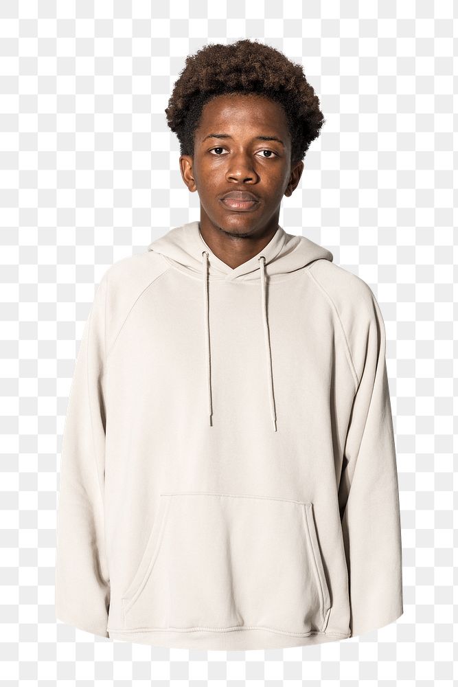 Png man in beige hoodie sticker, transparent background
