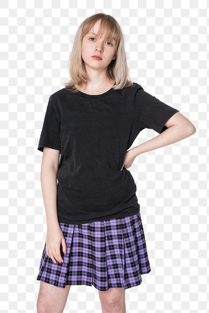 Png blonde girl mockup in black t-shirt and purple pleated skirt grunge fashion