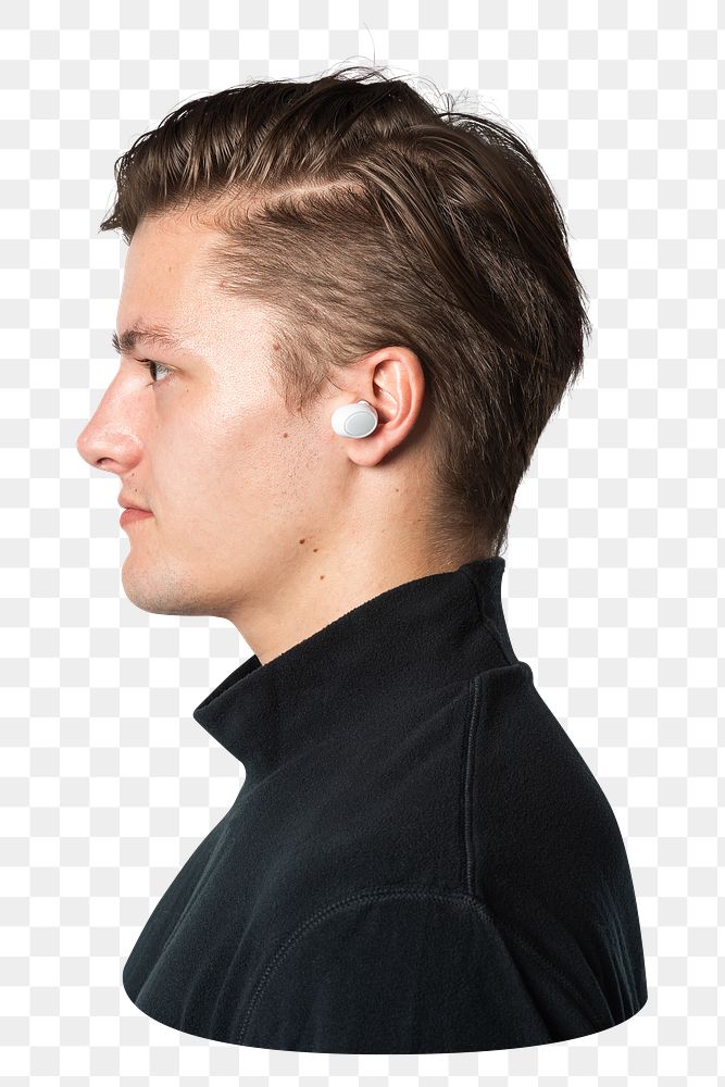 Man wearing earbuds png sticker, transparent background