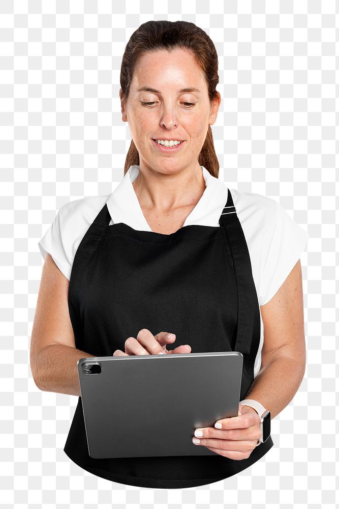 Png waitress using tablet sticker, transparent background