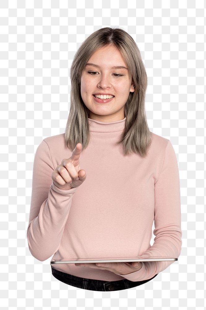 Woman touching png sticker, transparent background