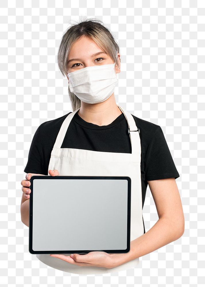 Png waitress holding tablet sticker, transparent background