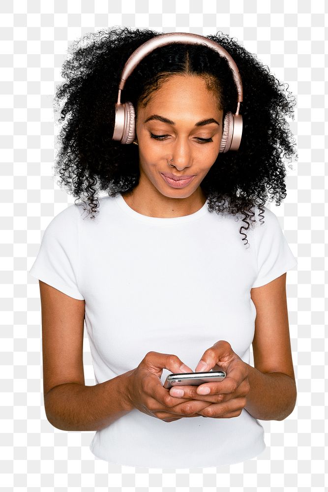 Png woman listening to music sticker, transparent background