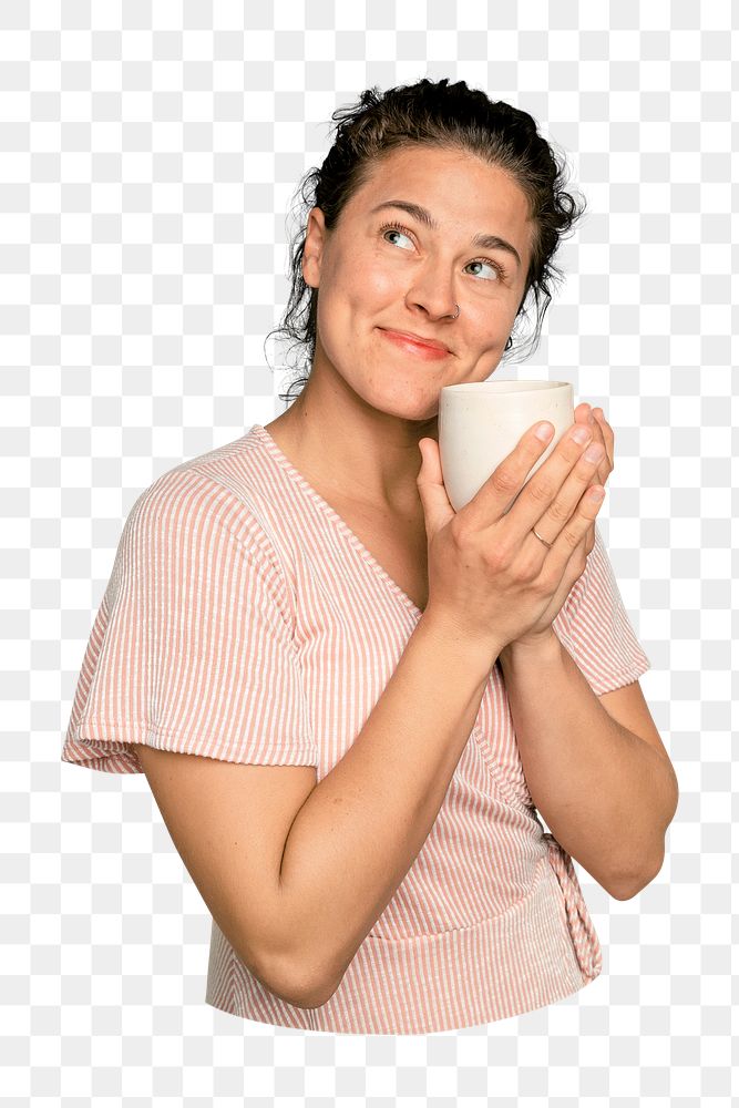 Png woman holding coffee mug sticker, transparent background