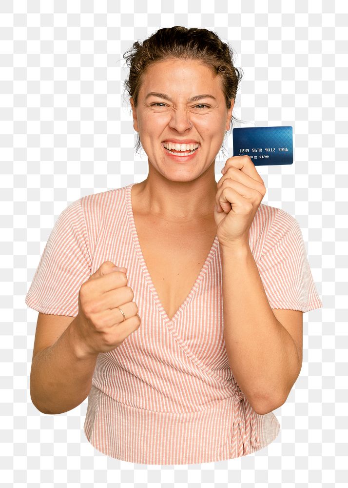 Png woman holding credit card sticker, transparent background