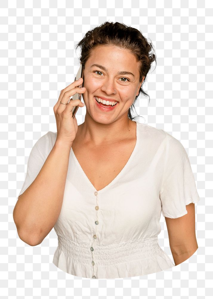 Png happy woman on phone sticker, transparent background