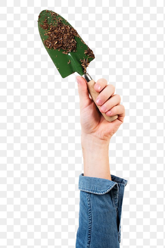 Png hand mockup holding green shovel gardening tool