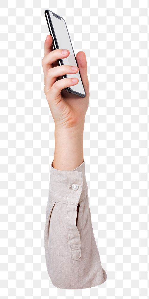 Png hand holding phone sticker, transparent background