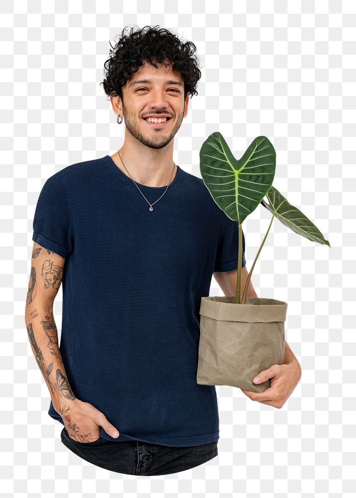 Man holding plant png sticker, transparent background