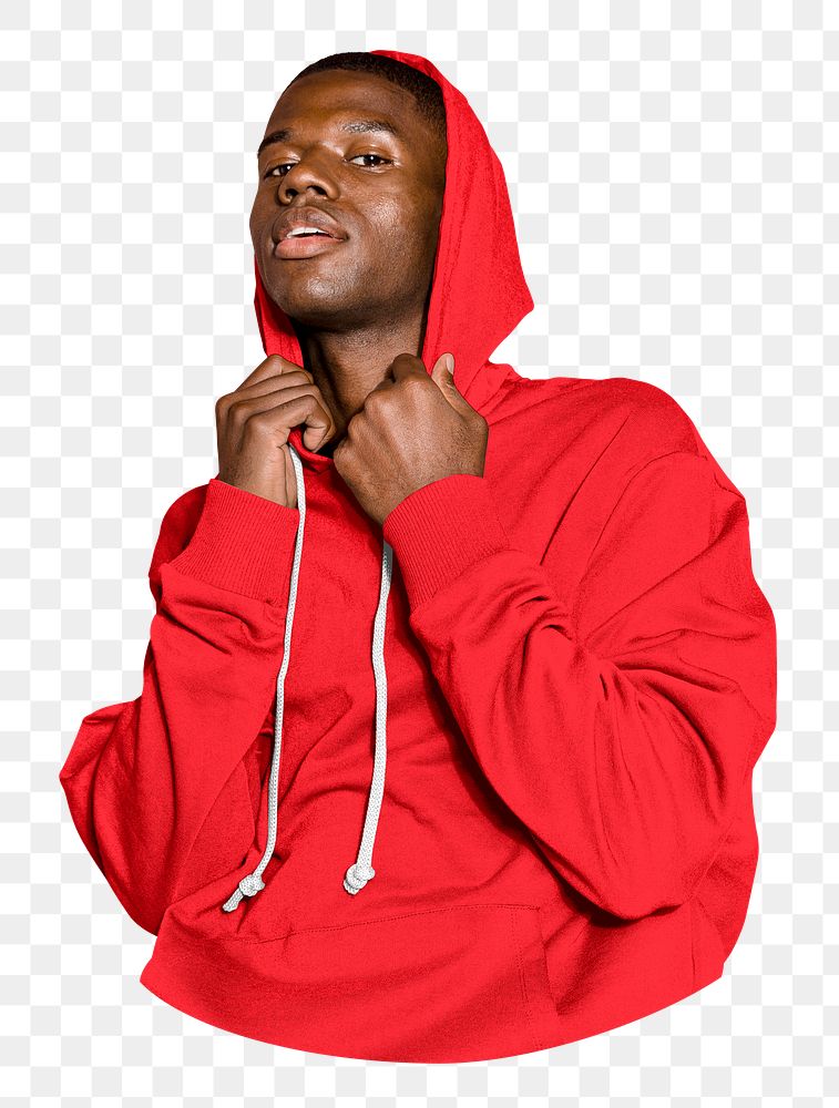 Png man in red hoodie sticker, transparent background