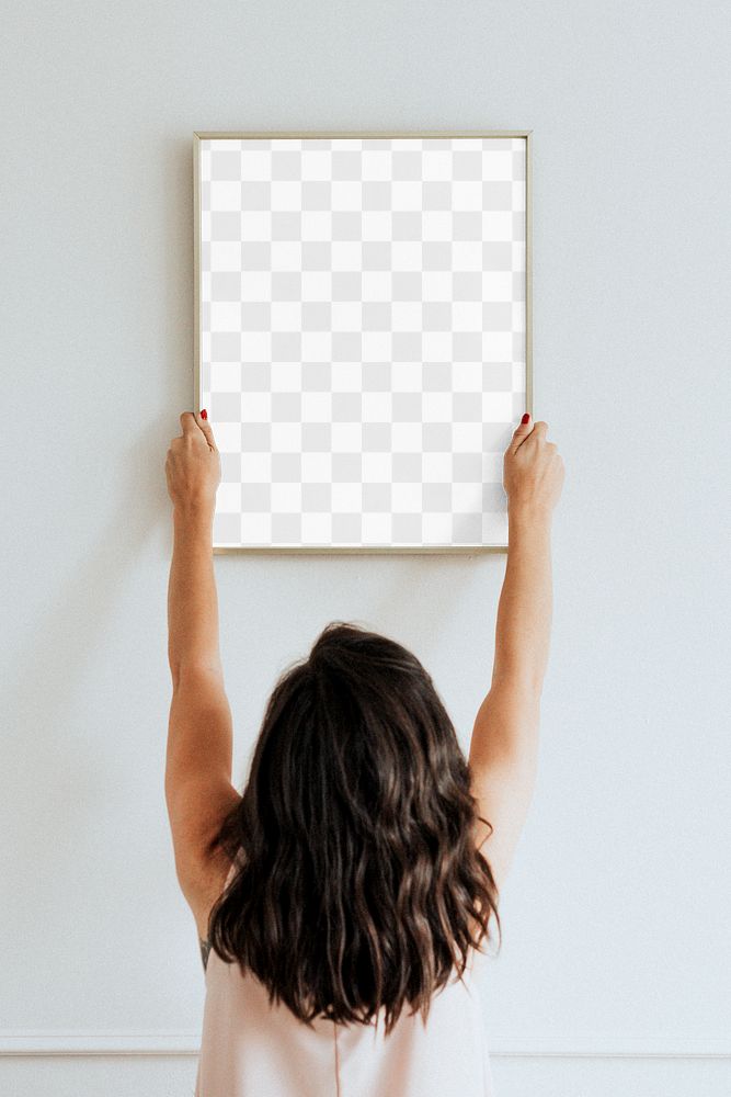 Picture frame png mockup, woman decorating wall, transparent design