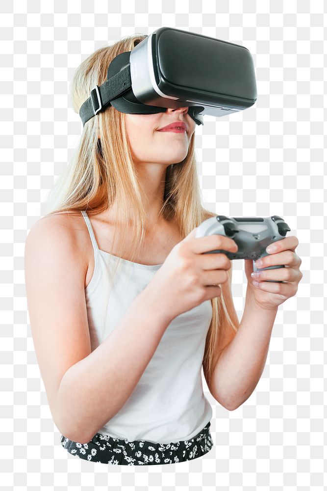 Png girl playing VR game sticker, transparent background