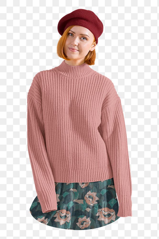 Png woman in pink sweater sticker, autumn fashion, transparent background