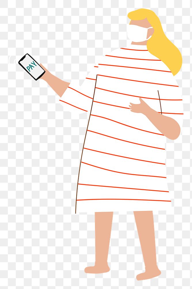 Online payment png sticker, cute woman using phone design, transparent background