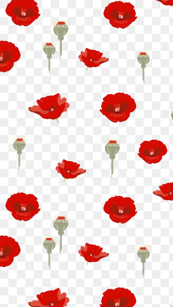 Red poppy flower png pattern, transparent background