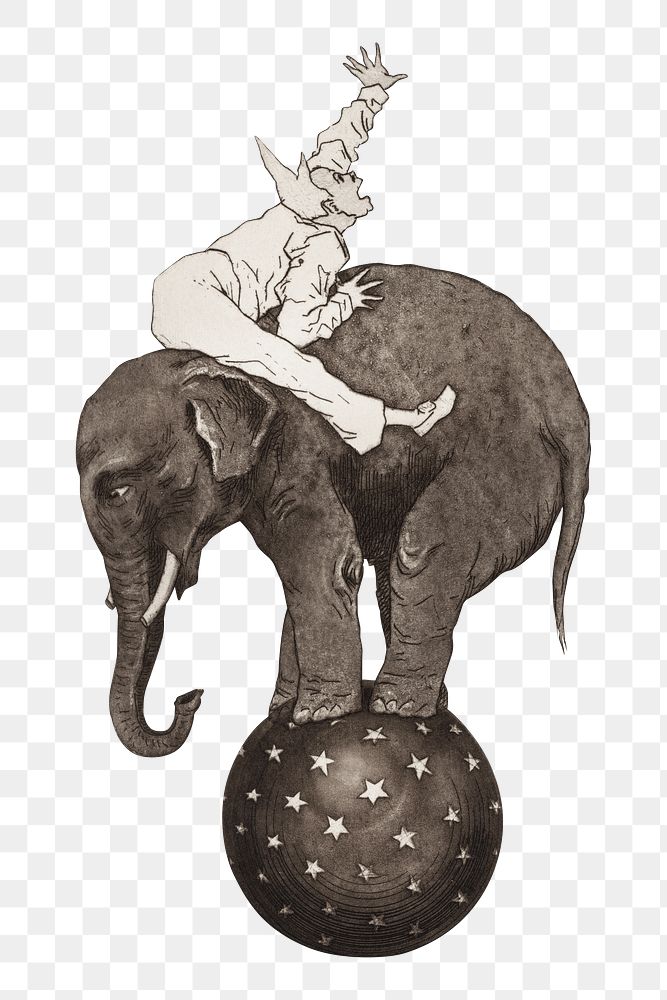 Aesthetic elephant and clown png on transparent background.  Remastered by rawpixel