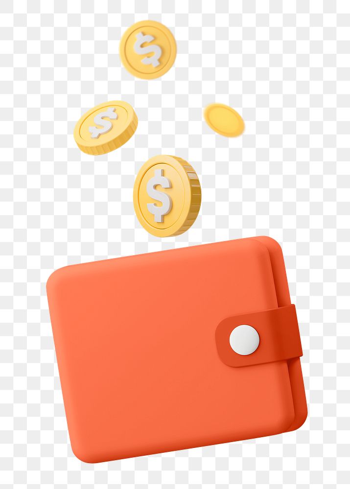 3D wallet png, falling coins, savings concept on transparent background