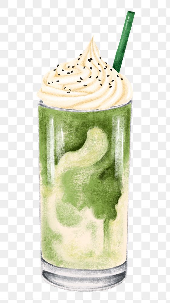 Green tea frappe png sticker, whip cream topping illustration, transparent background