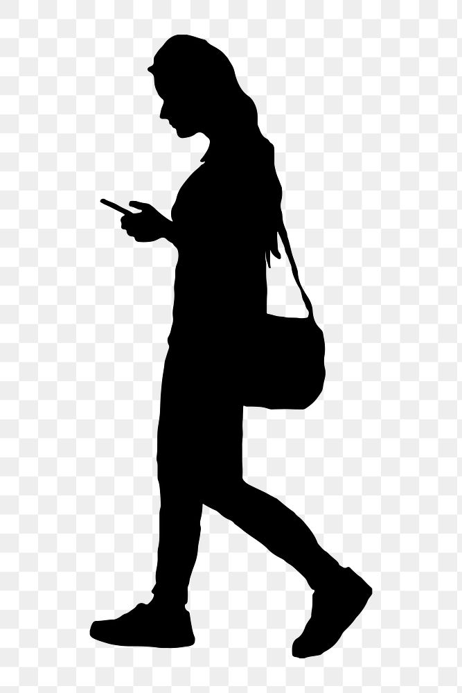 Woman walking png sticker, using phone silhouette, transparent background