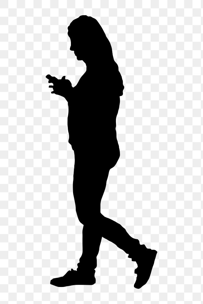 Woman walking png sticker, using phone silhouette, transparent background