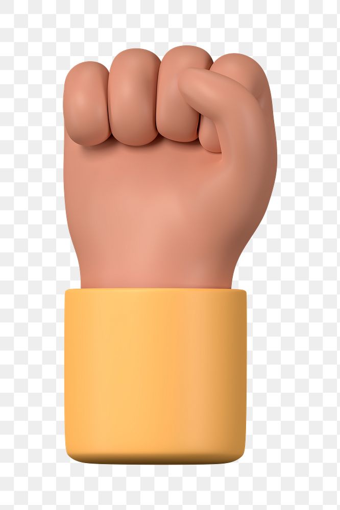 Raised fist png hand, revolution symbol, 3D illustration, transparent background