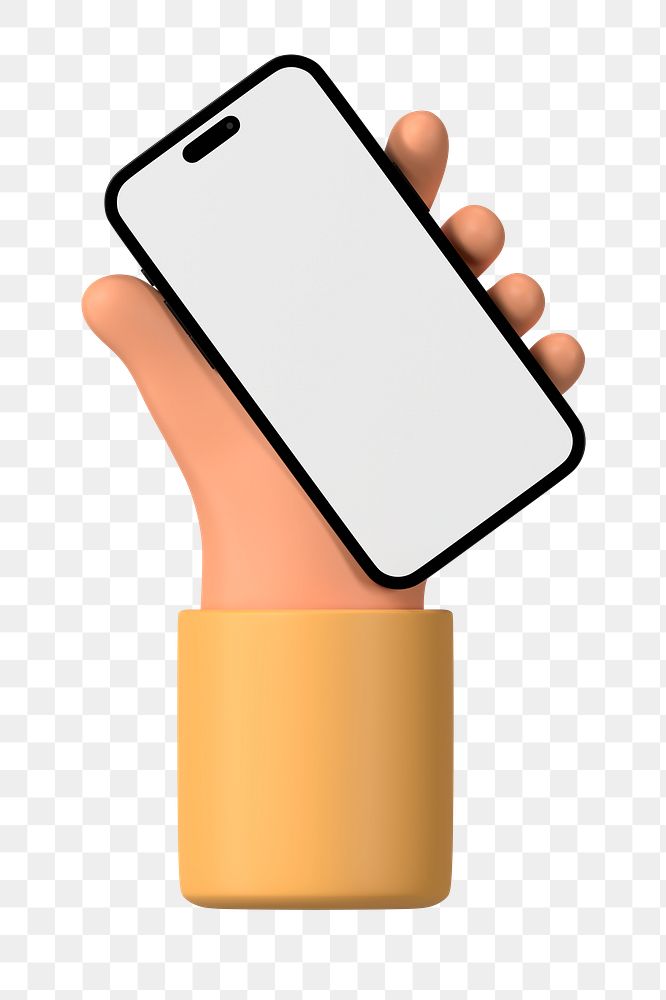 Hand holding smartphone png, blank screen in 3D design, transparent background