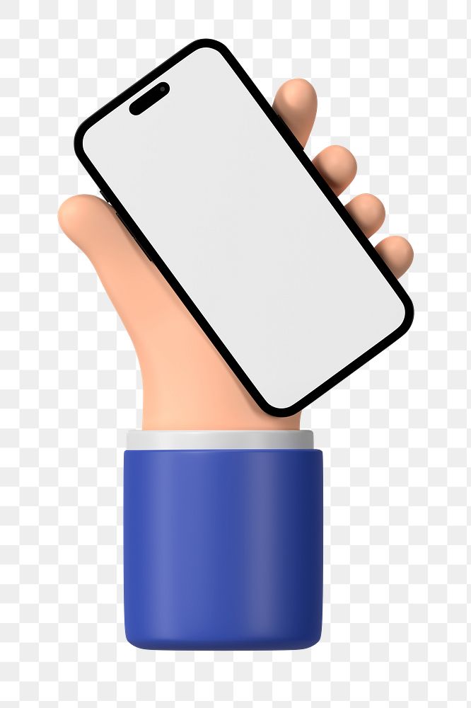 Hand holding smartphone png, blank screen in 3D design, transparent background