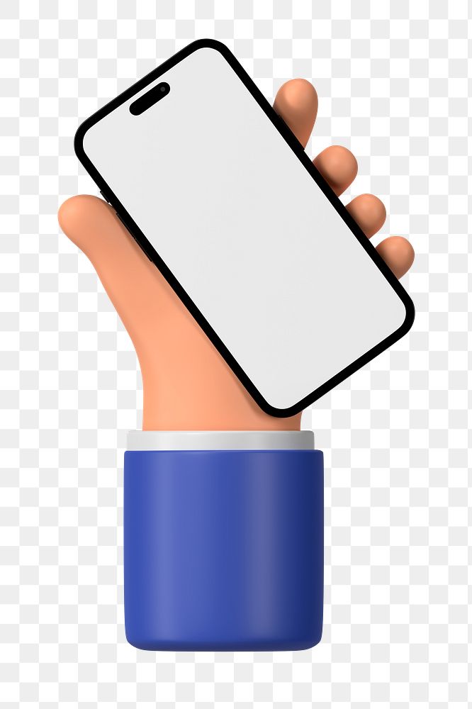 Hand holding smartphone png, blank screen in 3D design, transparent background