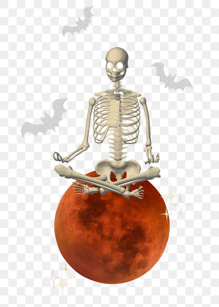 Skeleton on moon png sticker, transparent background
