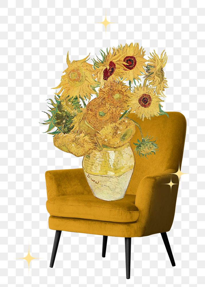 Van Gogh's sunflowers png chair, transparent background. Remixed by rawpixel